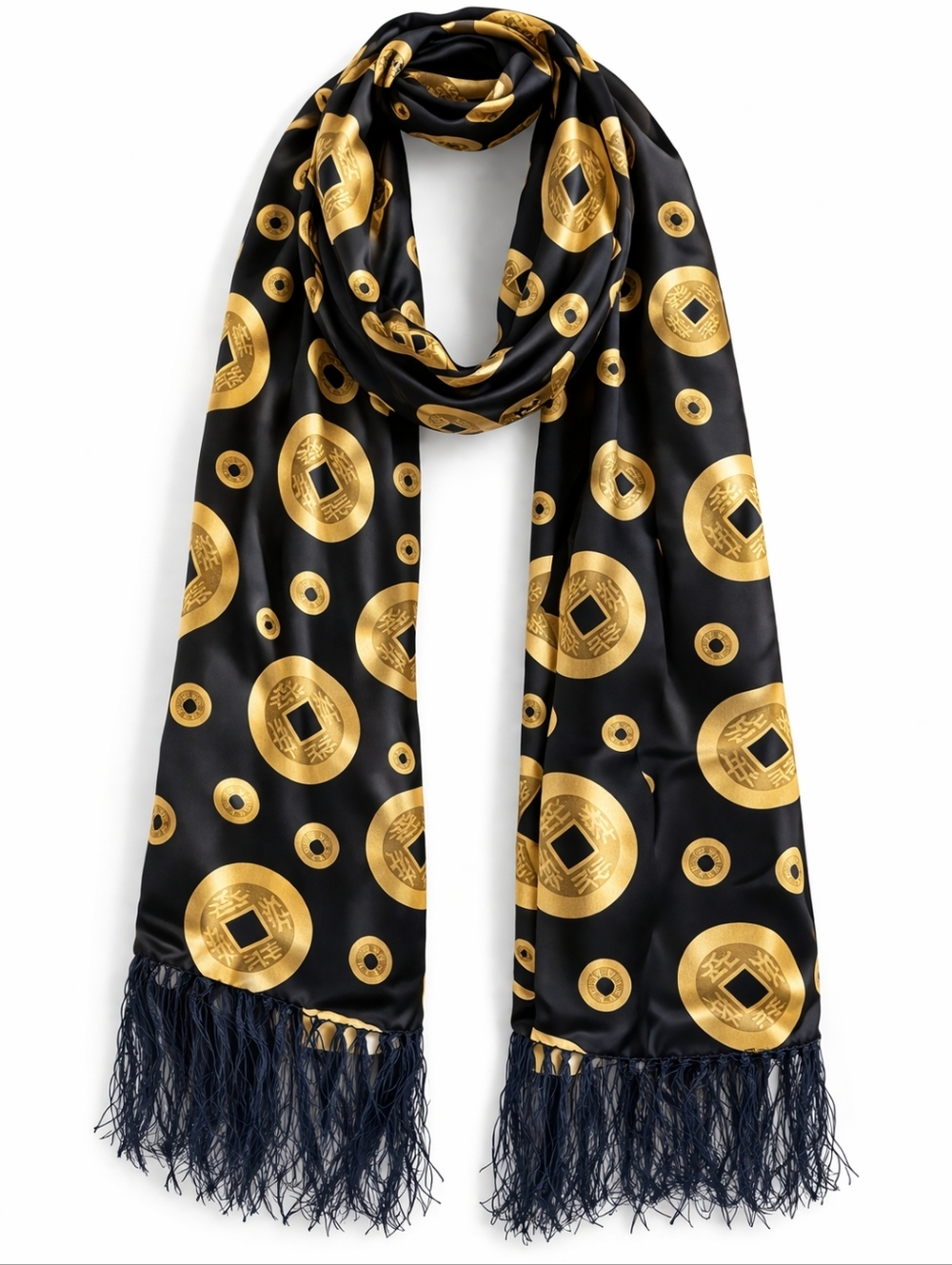 Chinese Fortune Coin Silk Scarf Black Gold Fringe Lucky Charm Vintage Style Wrap